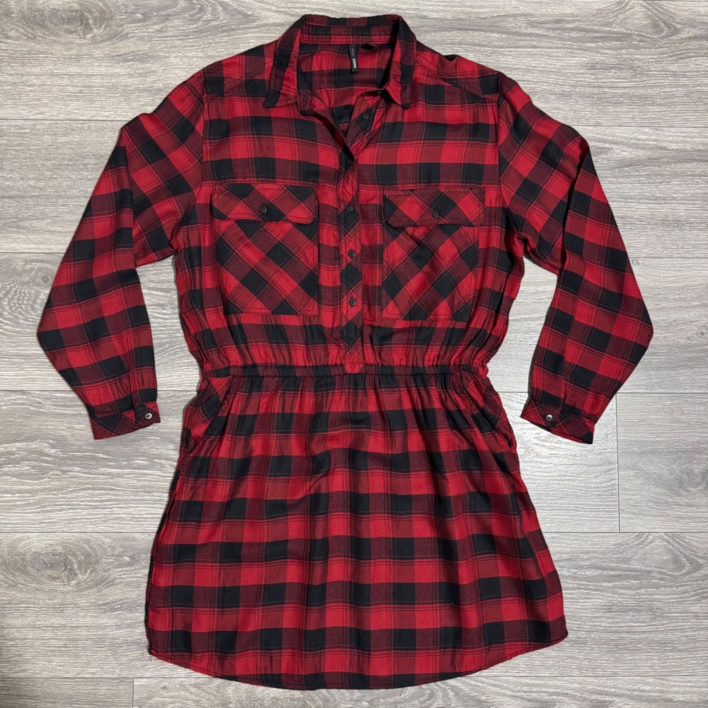 Mango‎ Casual Red Black Buffalo Plaid Button Down Elastic Waist Shirt Dress Sz 8